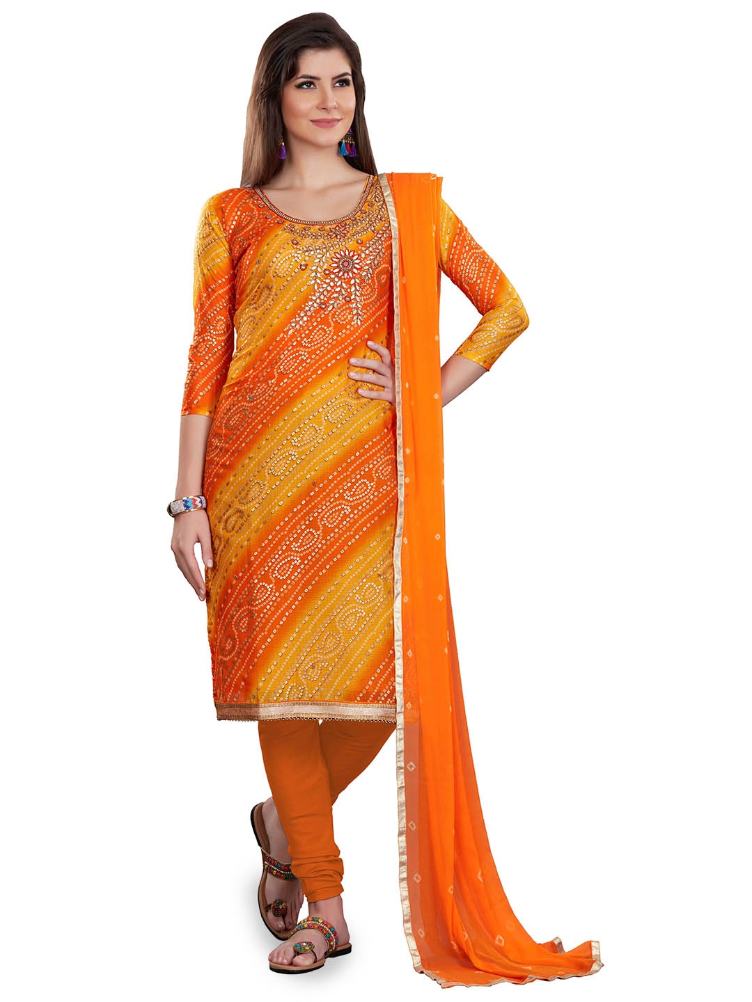 

HERE&NOW Bandhani Printed Gotta Patti Embellished Unstitched Dress Material, Orange