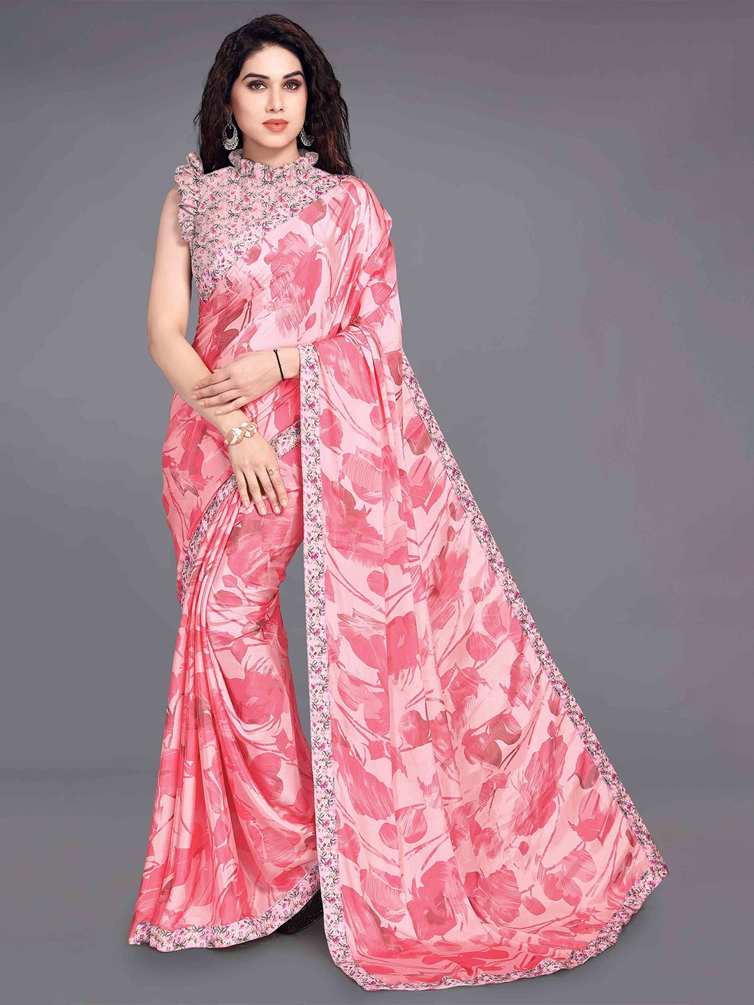 

MIRCHI FASHION Floral Ready to Wear Saree, Pink