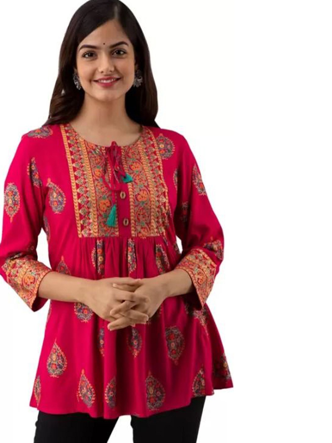 

AAFAMI Women Ethnic Motifs Printed Round Neck Cotton Top, Pink