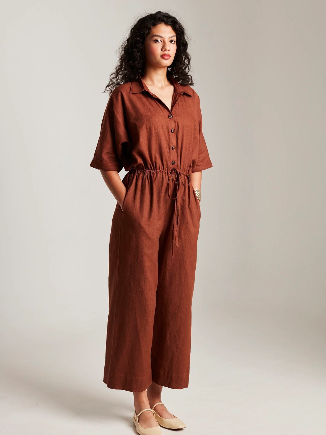 

Saphed Women Shirt Collar Basic Jumpsuit, Brown
