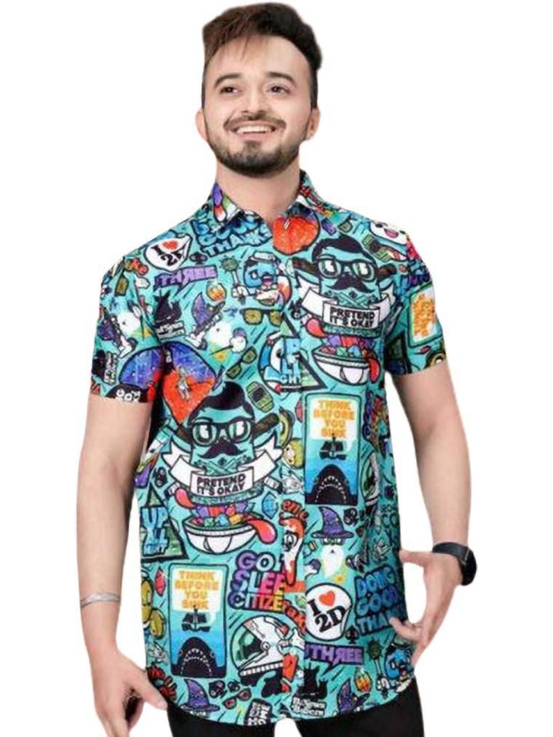 

iCome Men Spread Collar Graphic Printed Cotton Linen Casual Shirt, Turquoise blue
