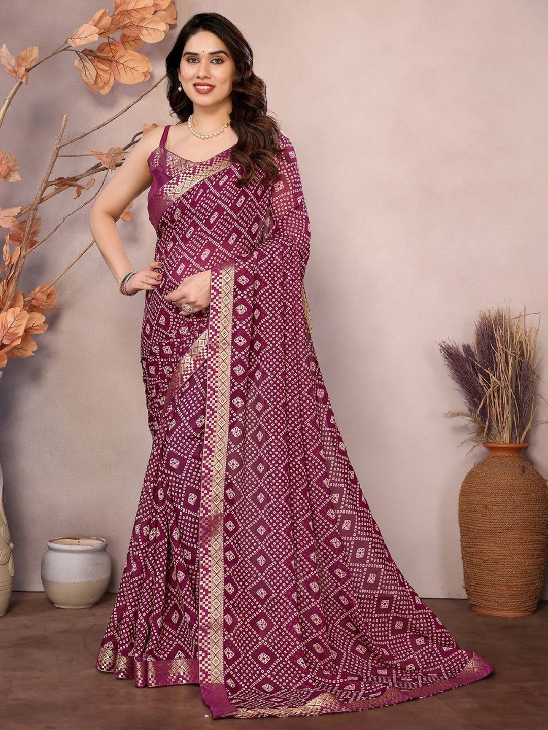 

KALINI Poly Georgette Half and Half Bandhani Saree, Purple