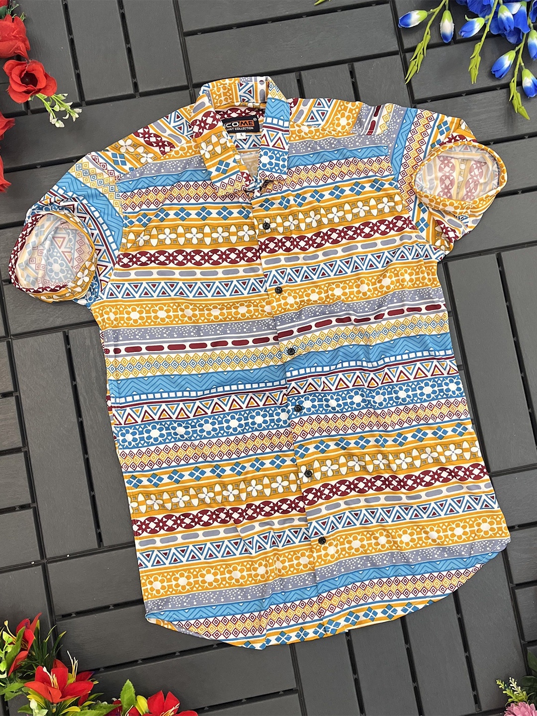 

iCome Men Floral Printed Spread Collar Casual Shirt, Yellow