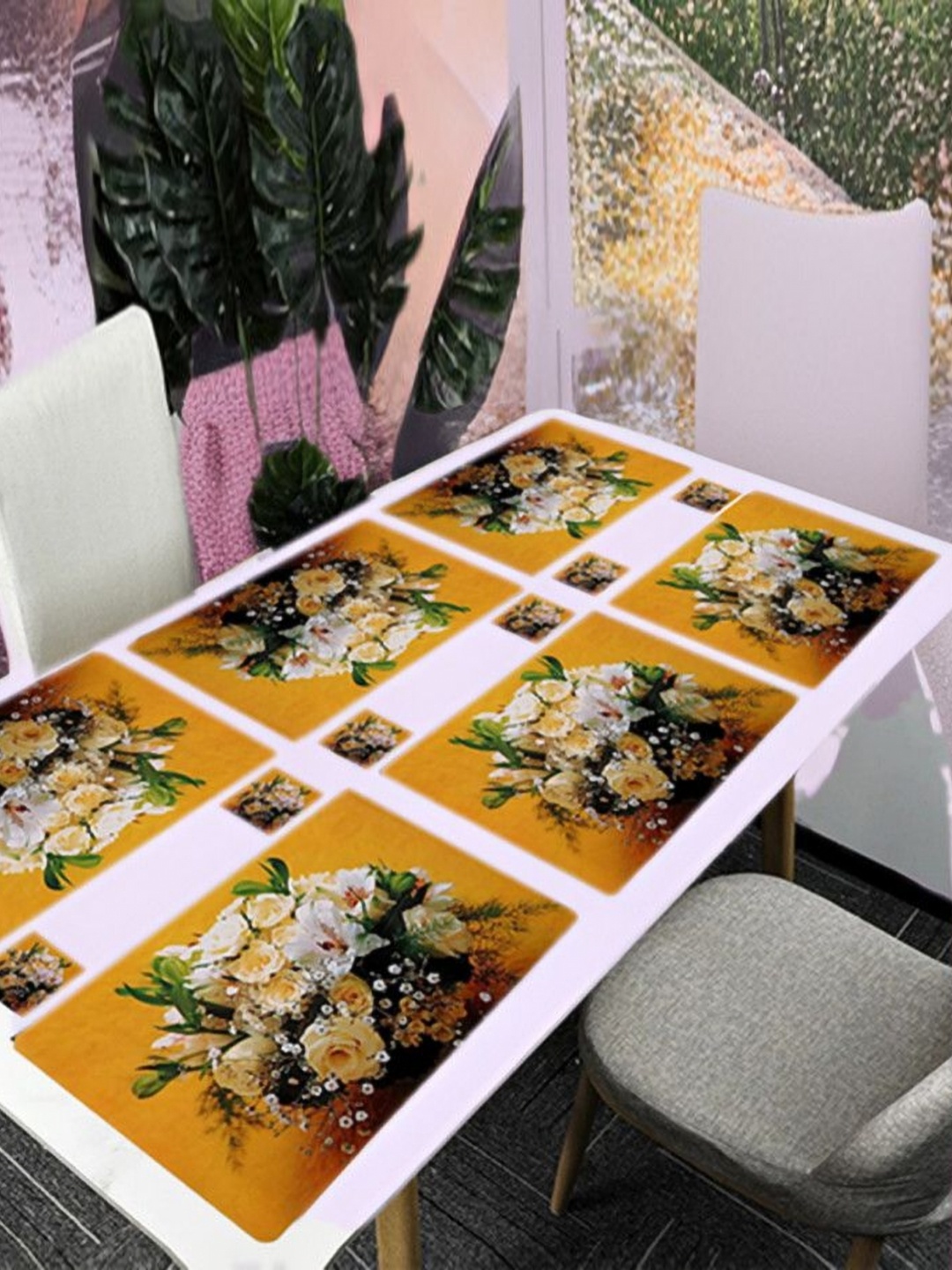 

REVEXO Yellow 12 Pieces Floral Printed Rectangular Shaped Coasters & Table Placemats