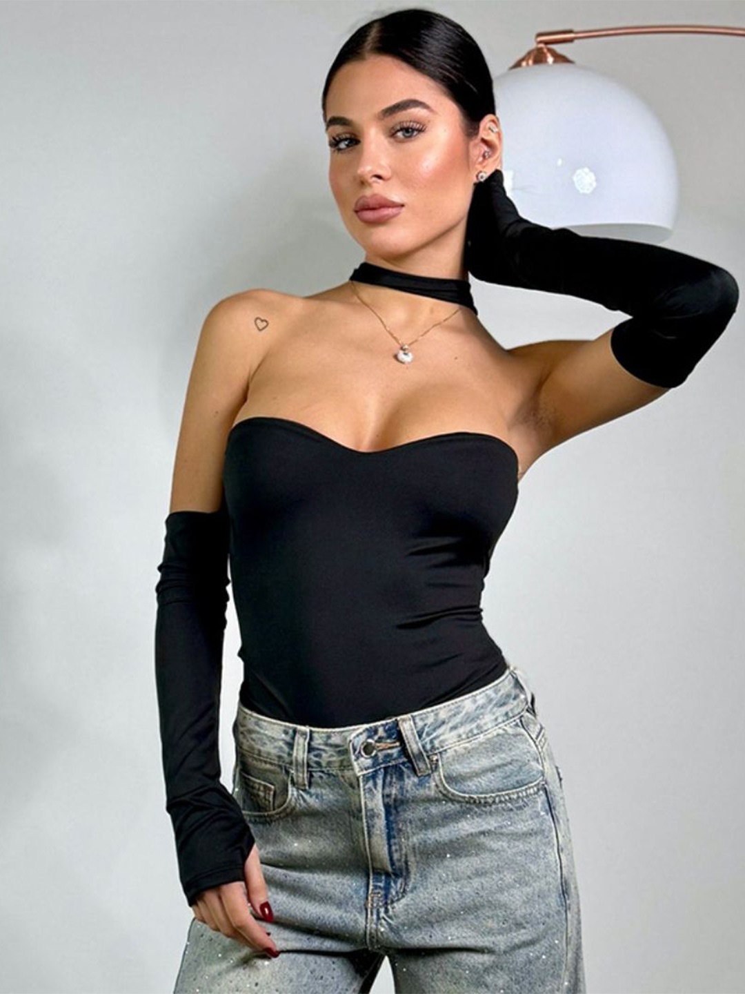 

StyleCast Choker Neck Extended Sleeves Styled Back Tube Top, Black