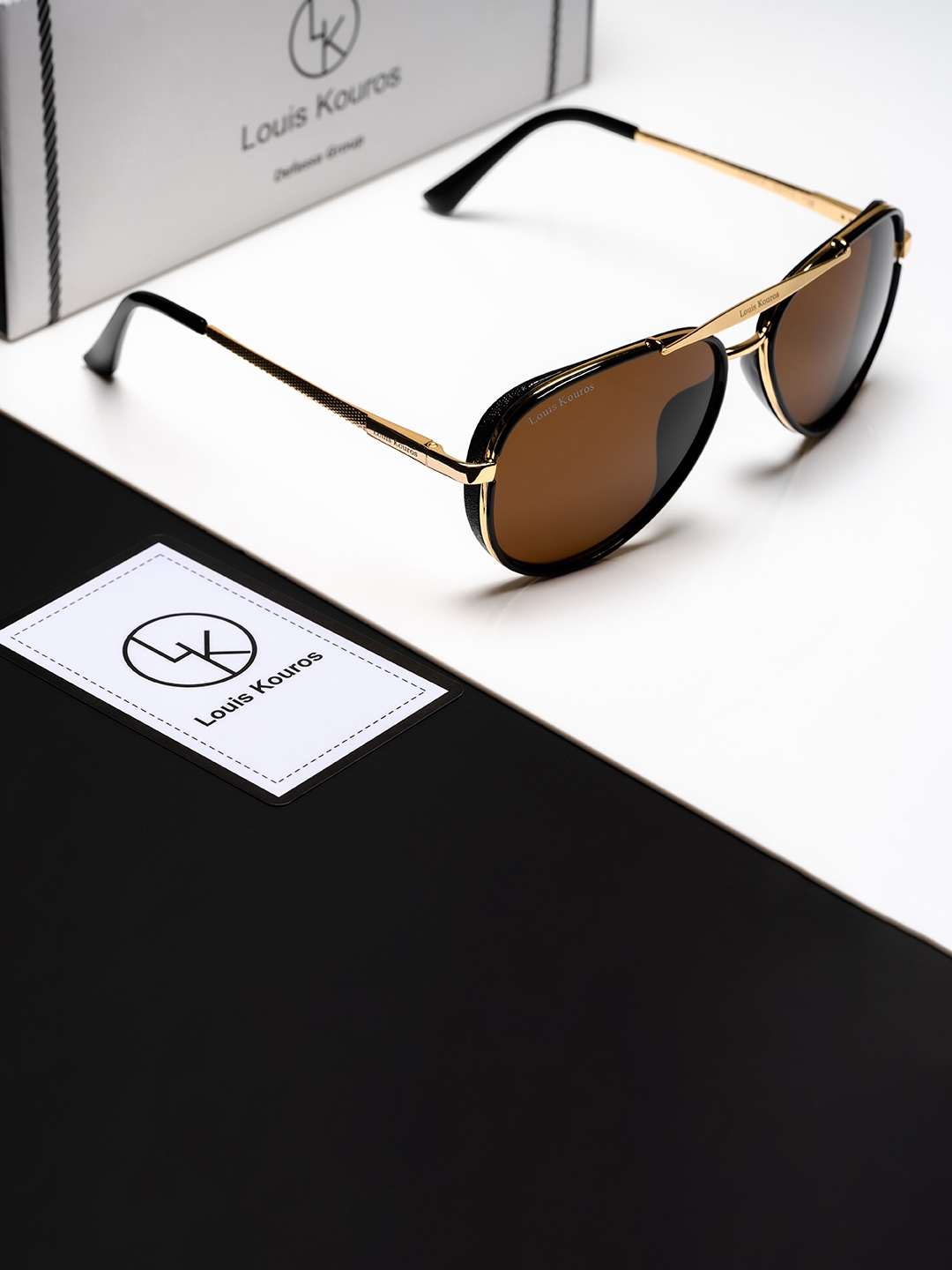 

LOUIS KOUROS Unisex Aviator Sunglasses with UV Protected Lens SUN-LK-4414-BRN1GLD-M, Brown