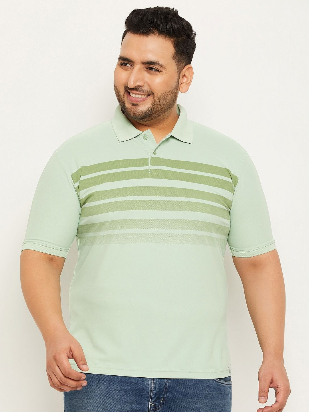

RENUOVO Men Plus Size Striped Polo Collar Cotton T-shirt, Green