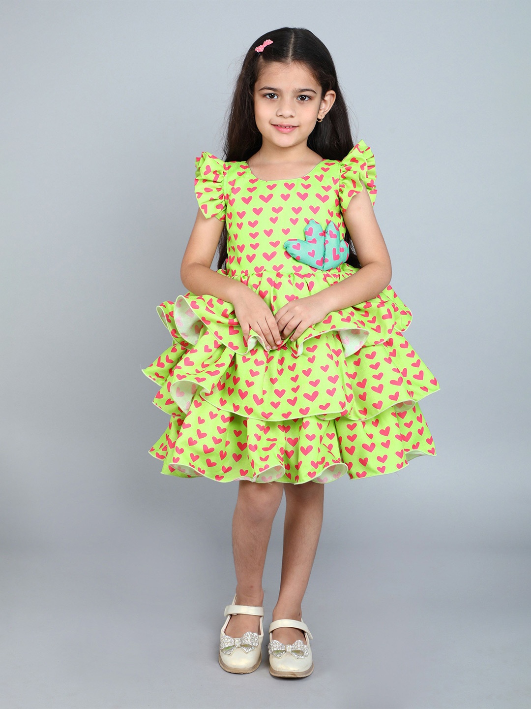 

Pink Chick Girls Print Flutter Sleeve Cotton Fit & Flare Dress, Lime green