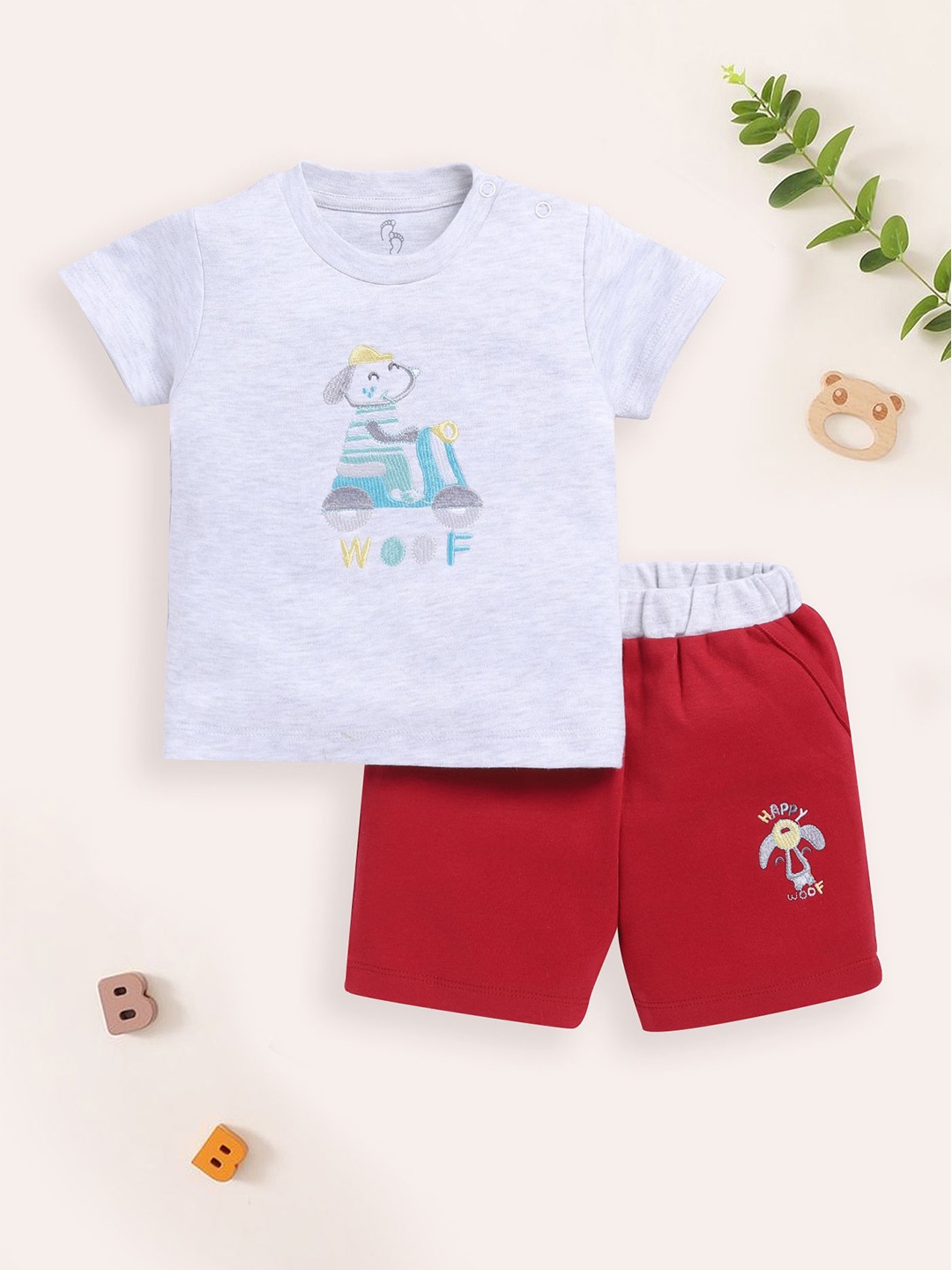 

BABY GO Boys Embroidered Round Neck T-Shirt With Shorts, Off white