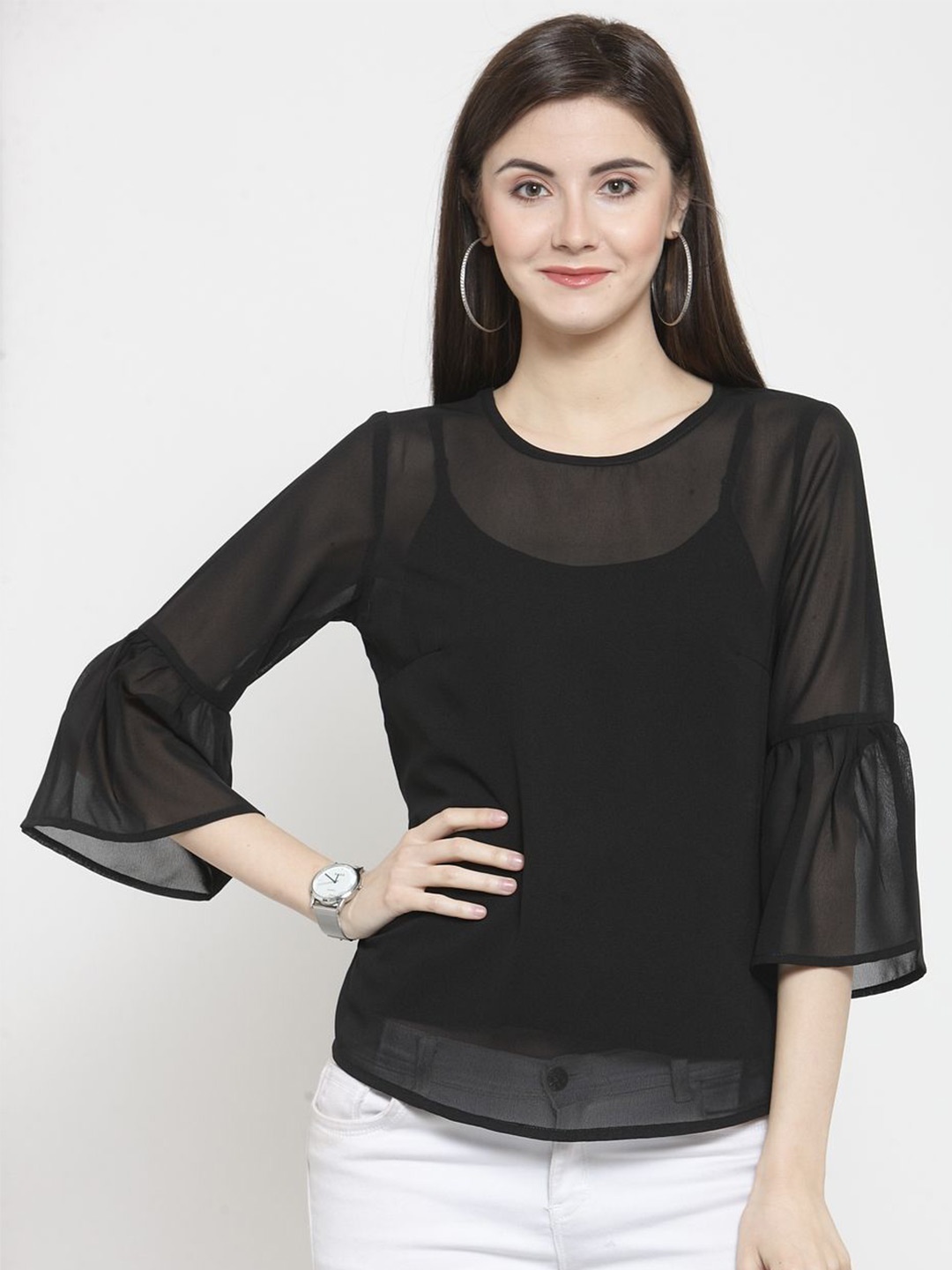 

Moda Rapido Women Round Neck Bell Sleeve Sheer Top, Black