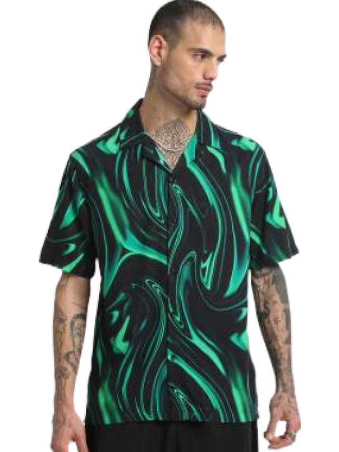 

iCome Men Relaxed Fit Cuban Collar Abstract Printed Cotton Linen Casual Shirt, Black