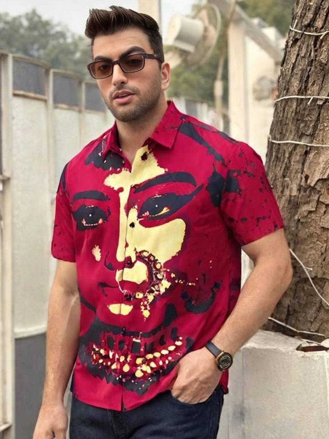 

iCome Men Slim Fit Spread Collar Graphic Printed Casual Shirt, Red