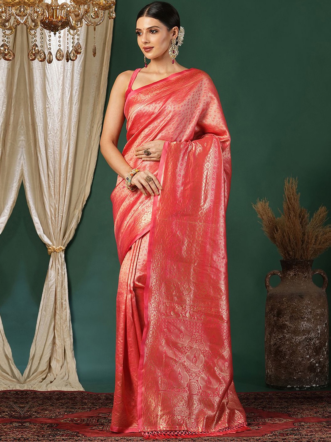 

KALINI Woven Design Zari Silk Blend Banarasi Saree, Pink