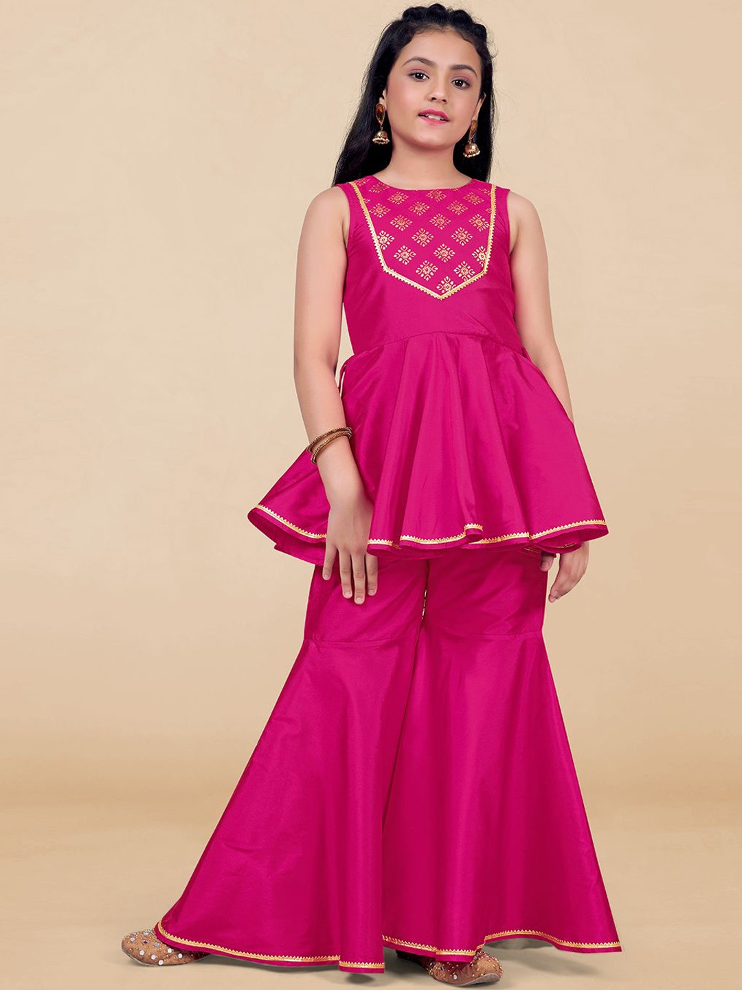 

Sangria Girls Pink Foil Yoke Design Peplum Anarkali Kurti With Sharara