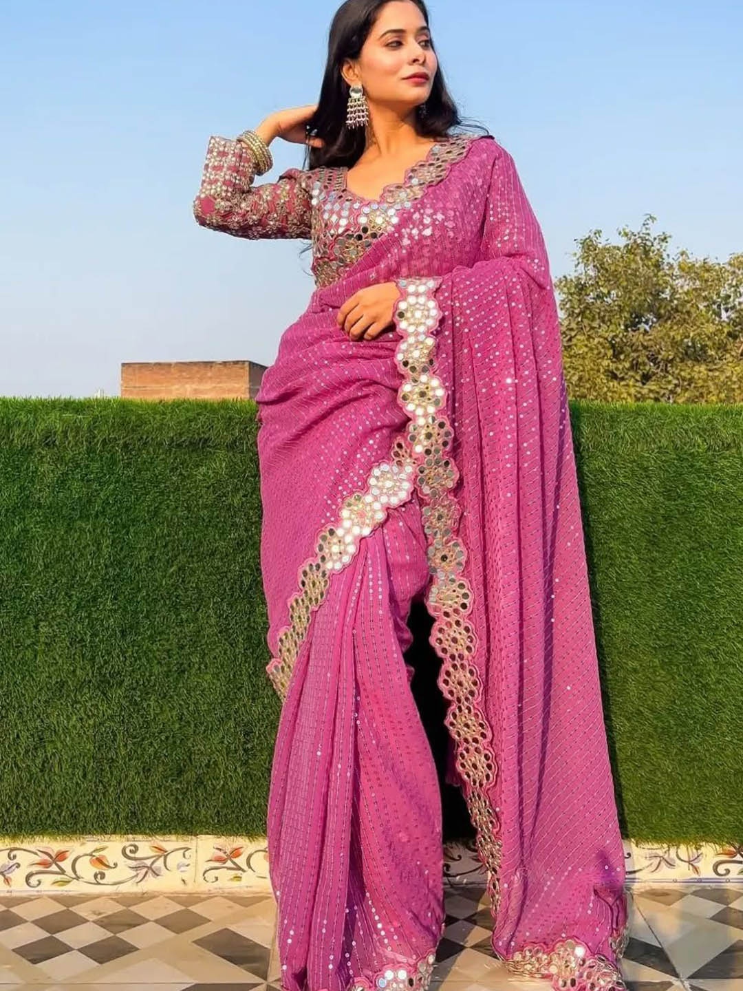 

Celeb Styles Embellished Mirror Work Pure Georgette Saree, Pink