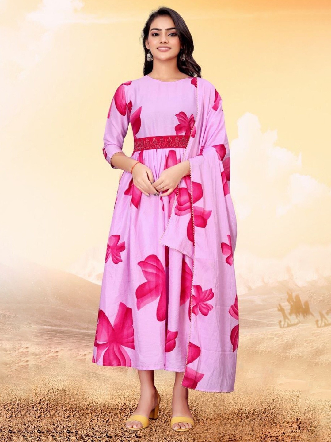 

Raiyani Fashion Women Floral Printed Cotton Fit & Flare Ethnic Dress With Dupatta, Pink