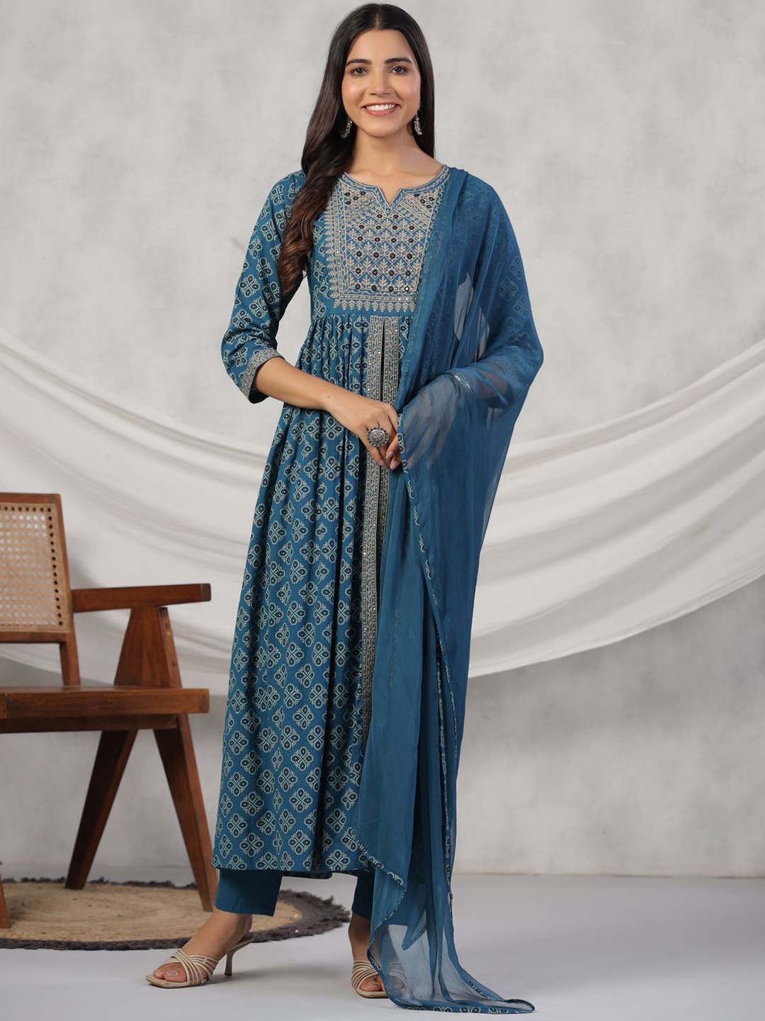 

Sangria Blue Floral Embroidered Mirror Work Pure Cotton Kurta With Trousers & Dupatta