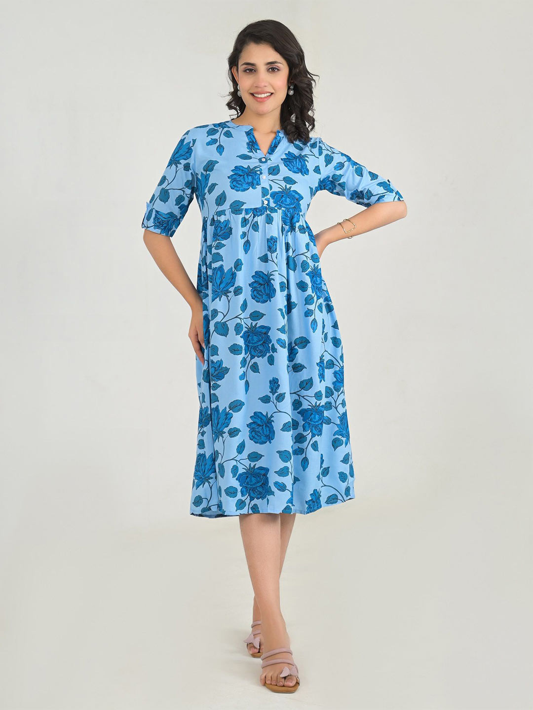 

Pahiya Women Floral Printed A-Line Dresses, Turquoise blue