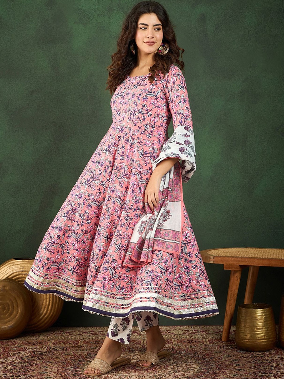 

Sangria Floral Printed Anarkali Kurta With Trouser & Dupatta Set, Pink