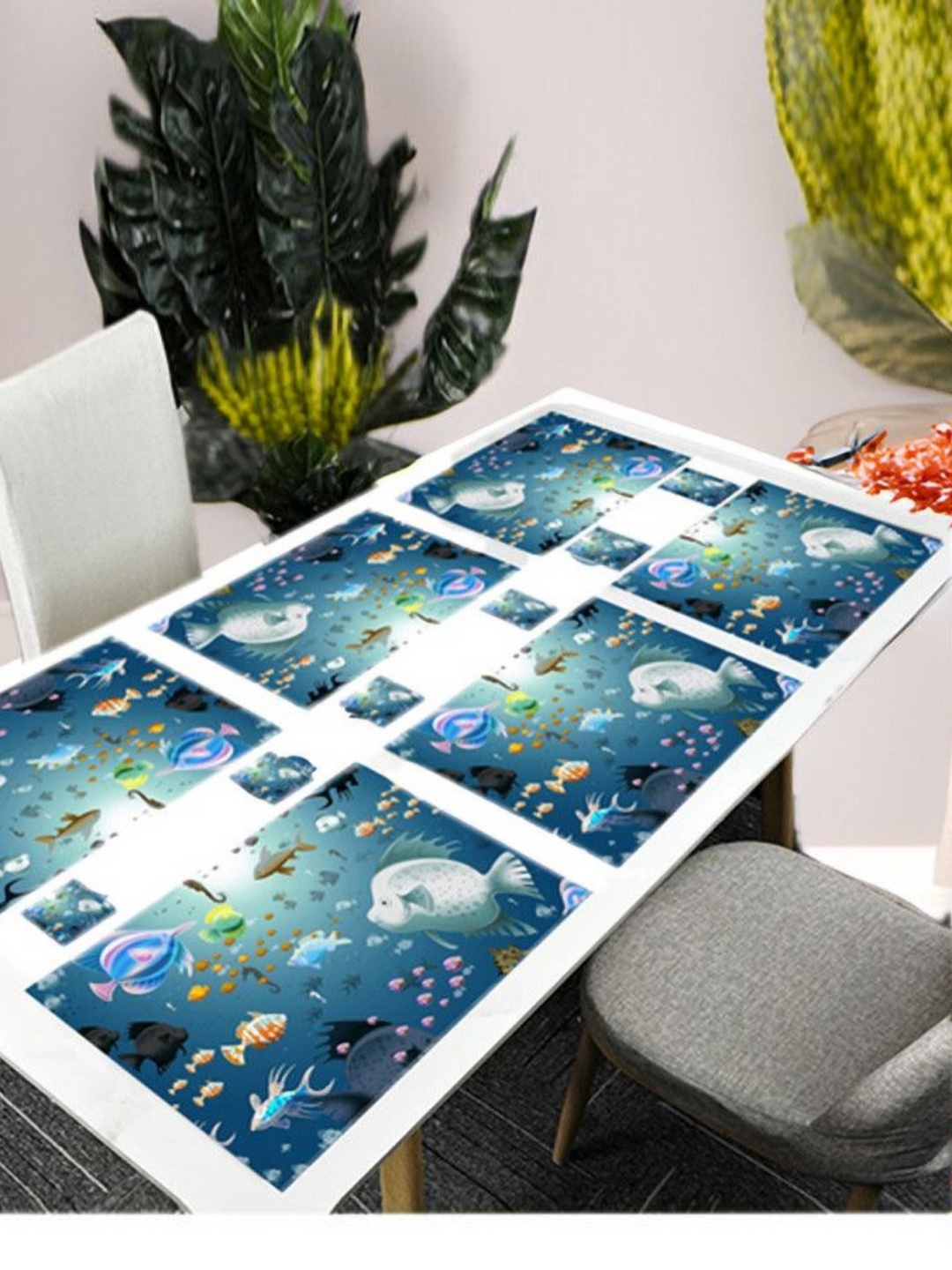 

REVEXO Blue & White 12 Pcs Printed Rectangular Shaped Coasters & Table Placemats