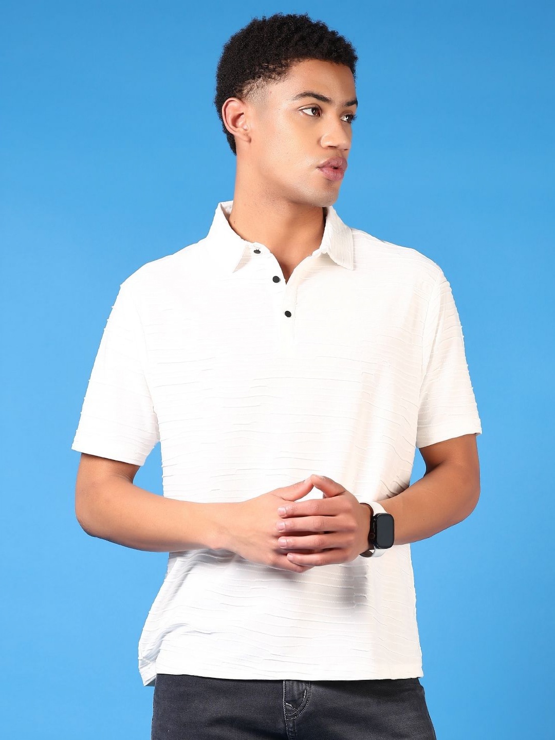 

V-Mart Men Self Design Polo Collar Cotton T-shirt, Off white