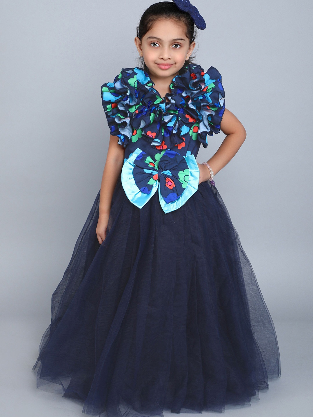 

Pink Chick Girls Floral Printed Ruffled Gown Maxi Dress, Navy blue