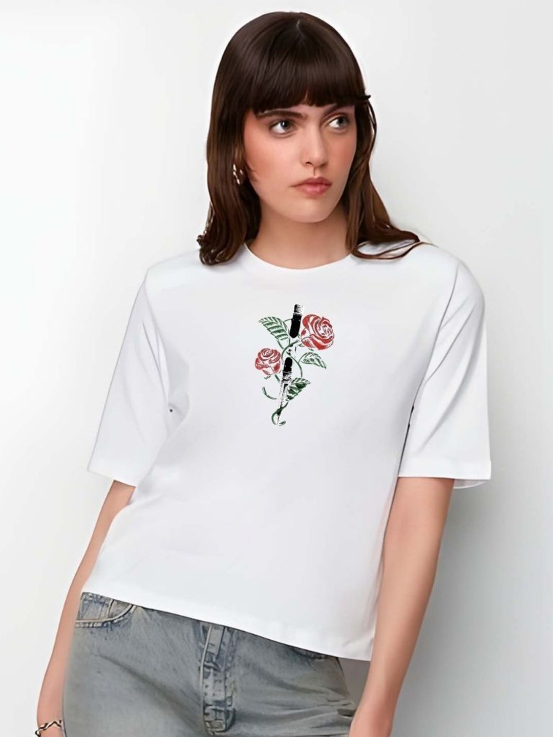 

Moda Rapido Women Graphic Printed Round Neck Cotton Oversized T-shirt, White