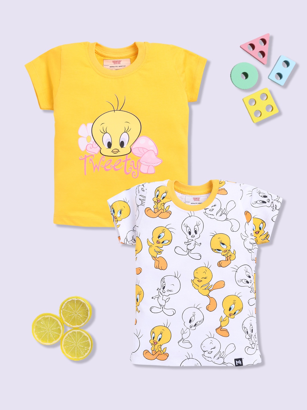 

YK X Minute Mirth Girls Pack Of 2 Tweety Printed Pure Cotton T-shirts, Yellow