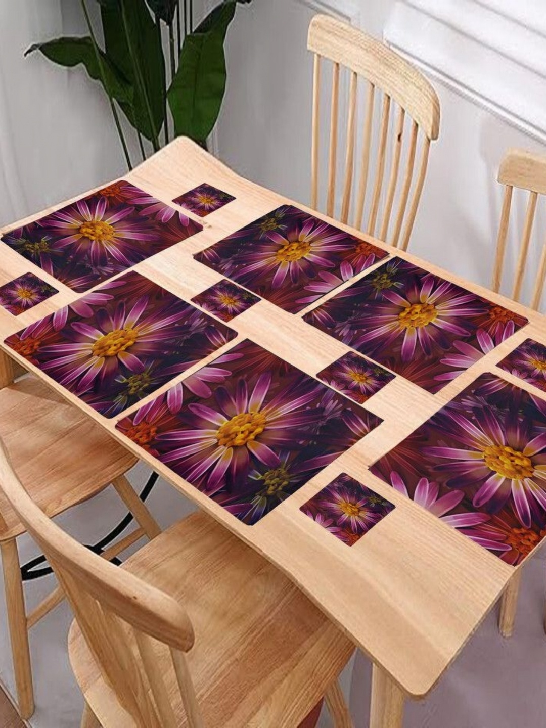 

REVEXO Yellow & Pink 12 Pieces Floral Printed Table Placemats & Coasters