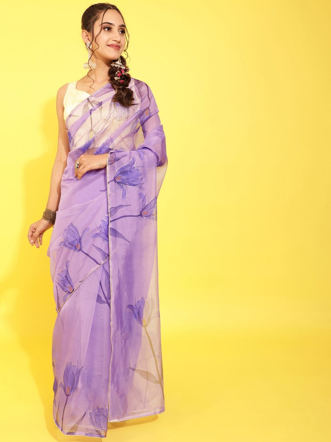 

Suha Floral Beads and Stones Organza Saree, Purple