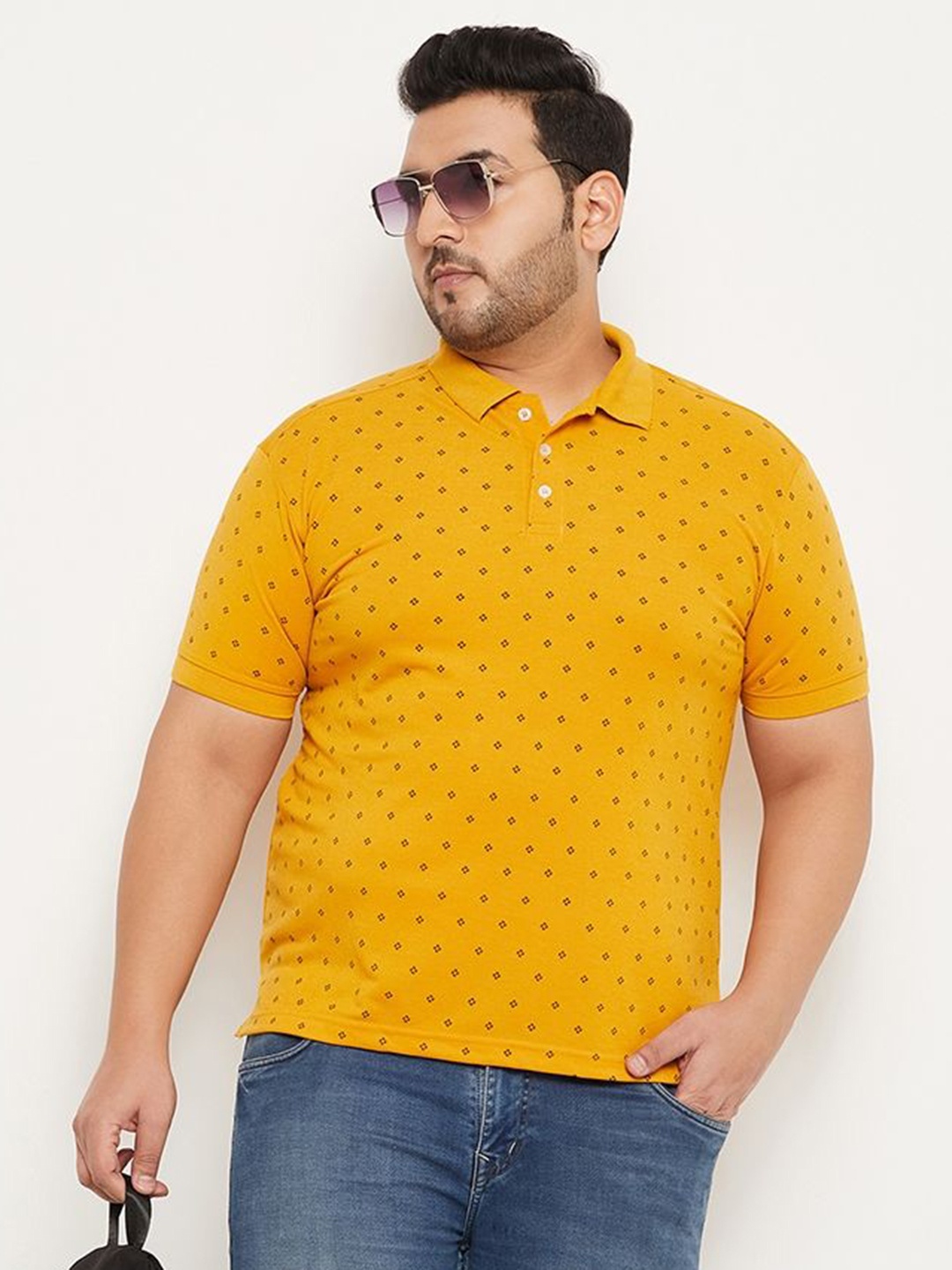 

RELANE Men Plus Size Graphic Printed Polo Collar Cotton T-shirt, Mustard