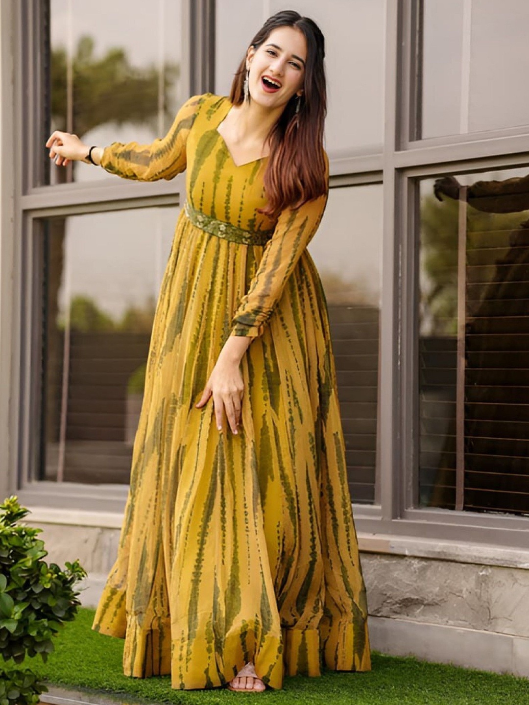 

Krunal Raiyania Women Tie and Dye Fit and Flare Maxi Dress Comes with a belt, Yellow