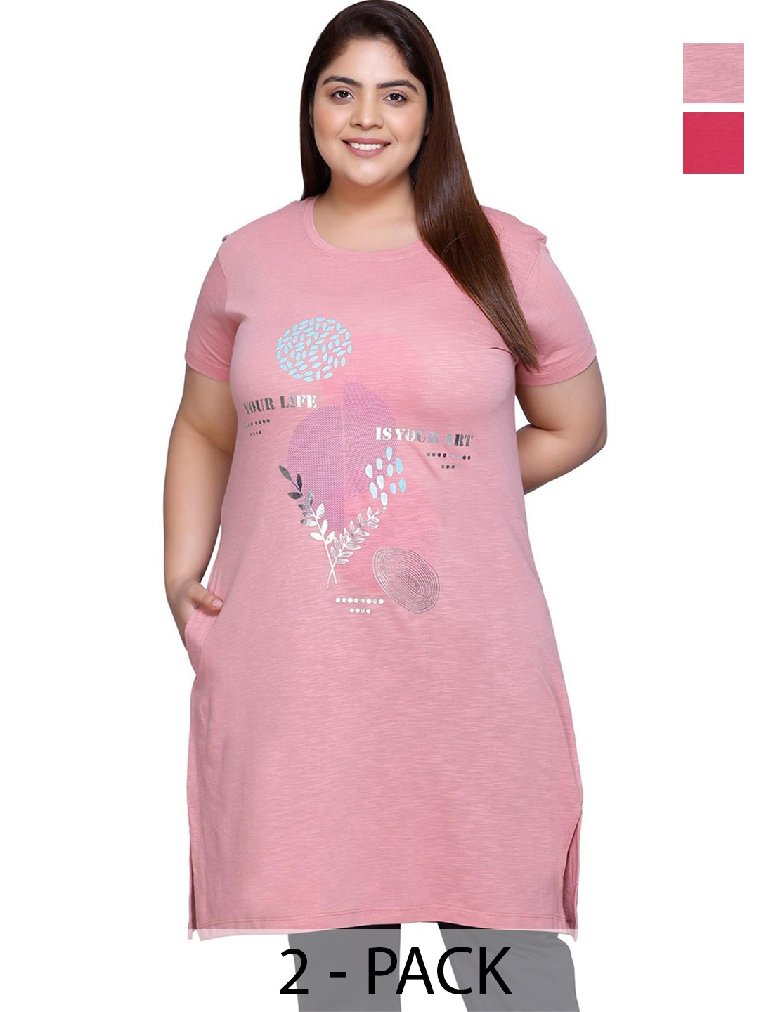 

IN Love Pack of 2 Women Plus Size Front Printed Cotton Nighty Chemise, Pink