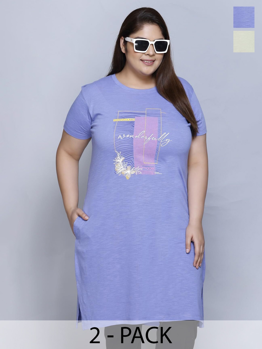 

IN Love Pack of 2 Women Plus Size Front Printed Cotton Nighty Chemise, Blue