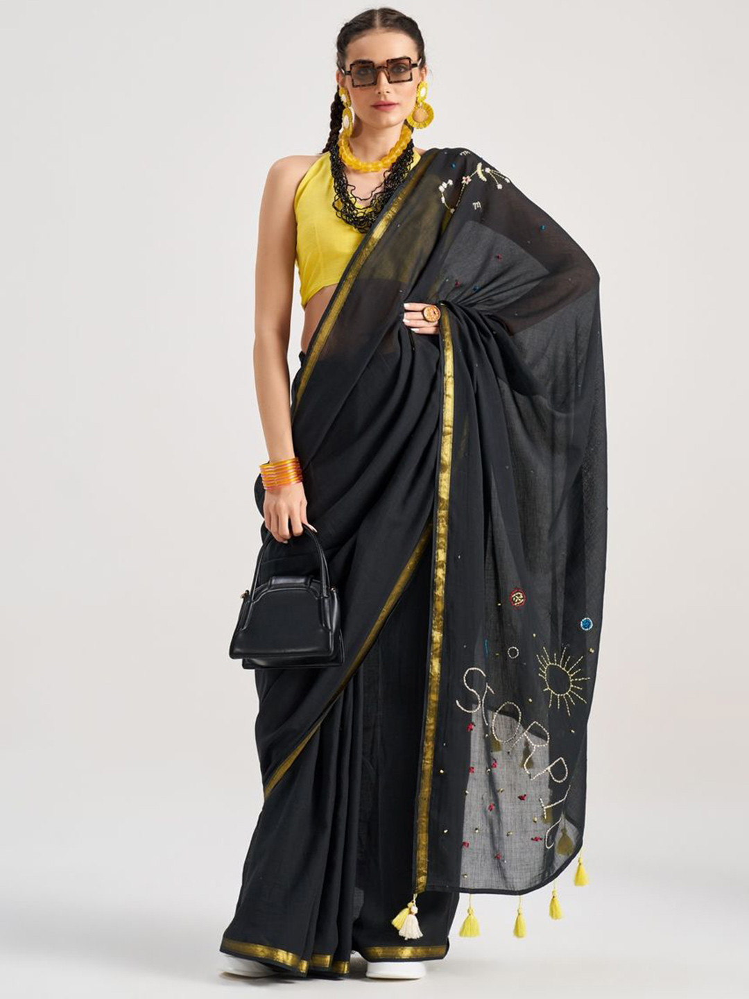 

Suha Women Pure Cotton Embellished Festive Saree With unstitched Blouse, Black