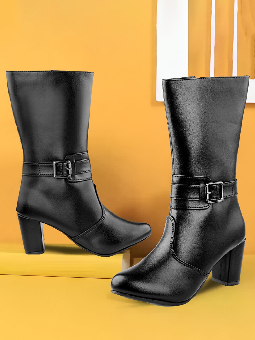 

Bxxy Women High-Ankle Zipper Boots with Buckle Closure, Black