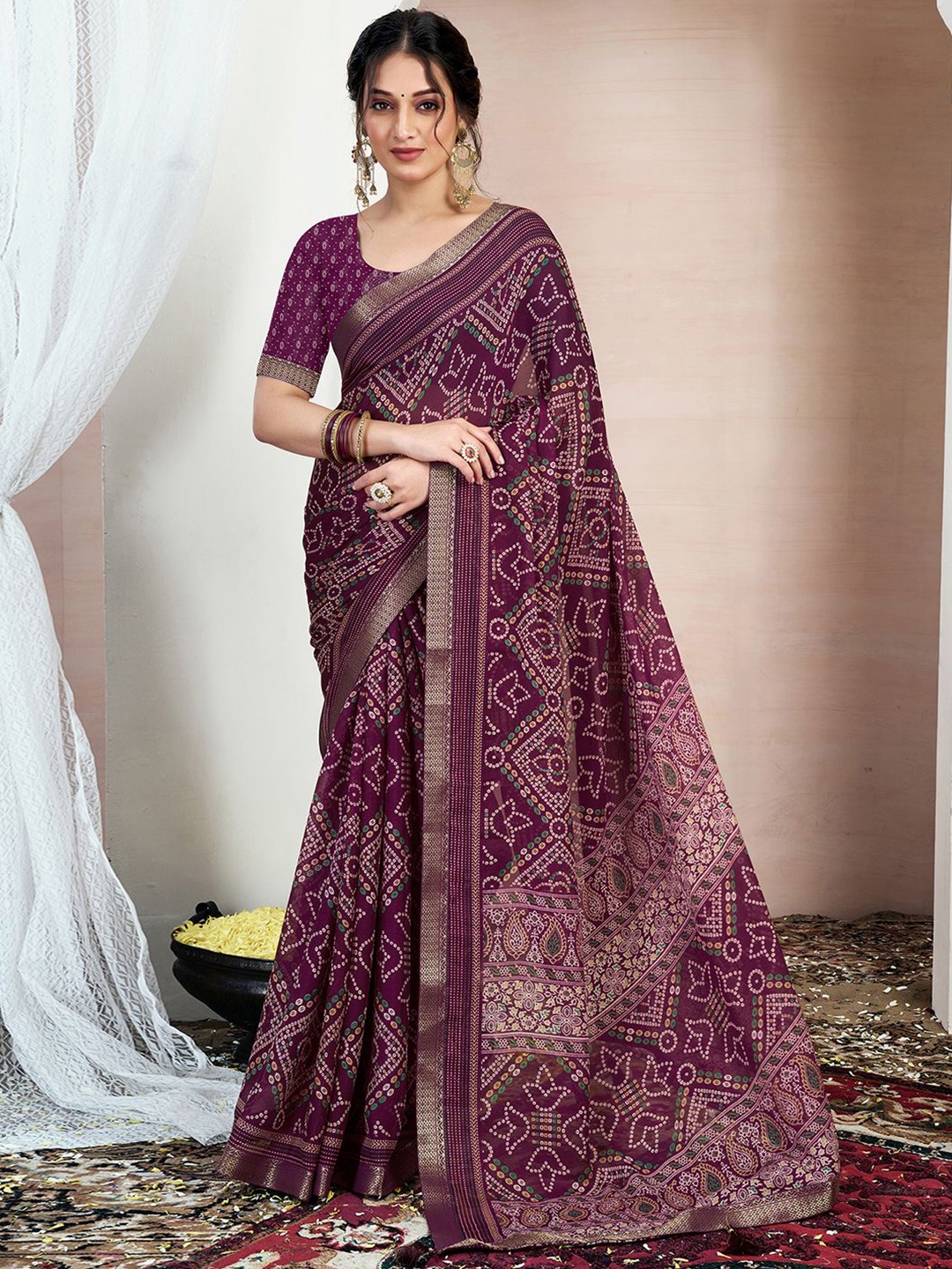 

KALINI Bandhani Zari Pure Chiffon Bandhani Saree, Purple