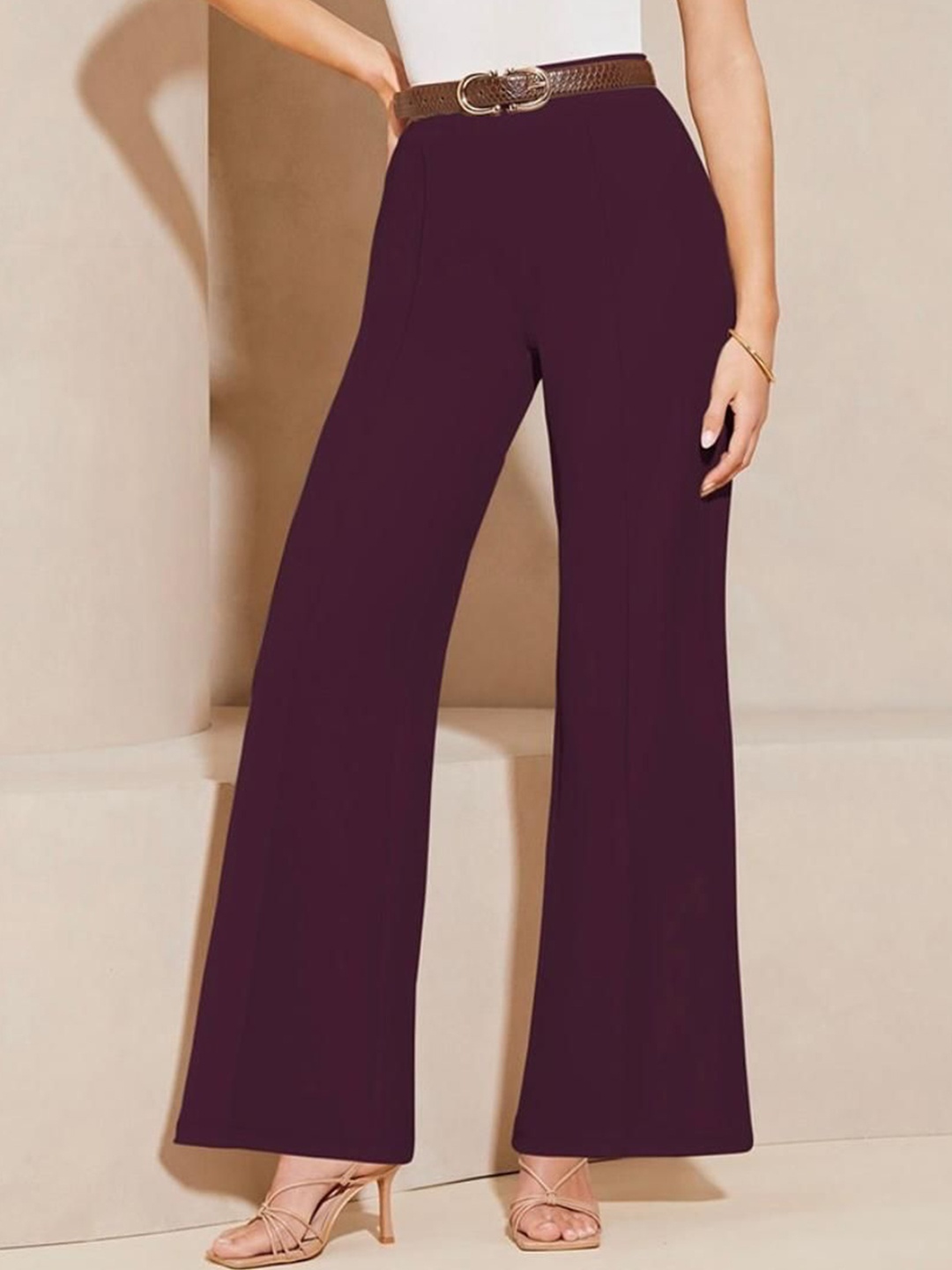 

GRIOPY Women Solid Flared Fit Trousers, Burgundy