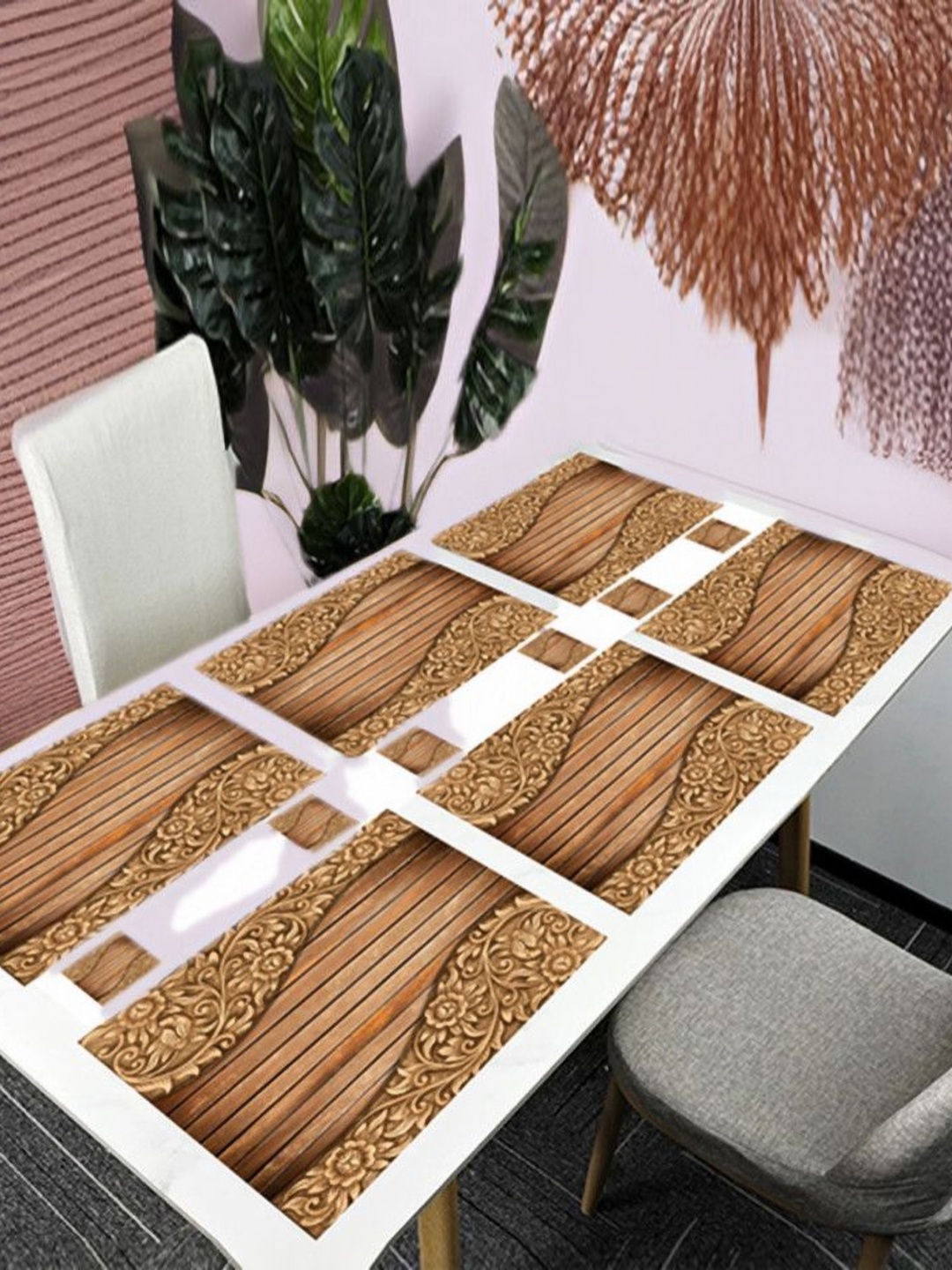 

REVEXO Brown 12 Pcs Printed Rectangular Shaped Coasters & Table Placemats