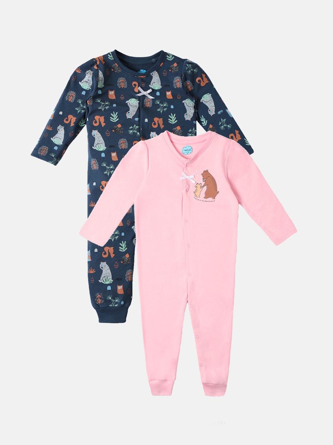 

Nauti Nati Infants Interlock Cotton Forest Print Pack of 2 Sleepsuit, Pink