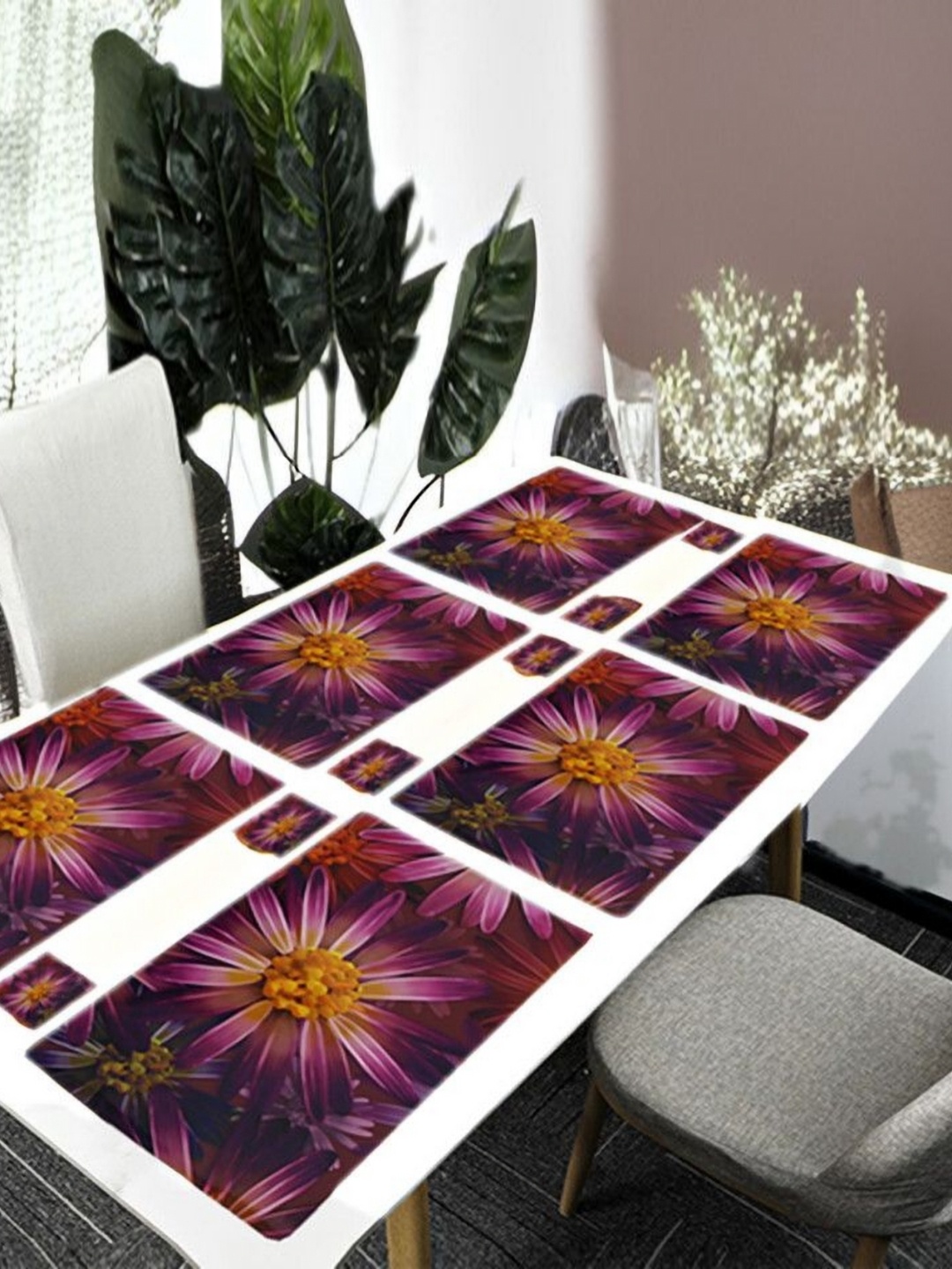 

REVEXO Purple 12 Pieces Floral Printed Rectangular Shaped Coasters & Table Placemats