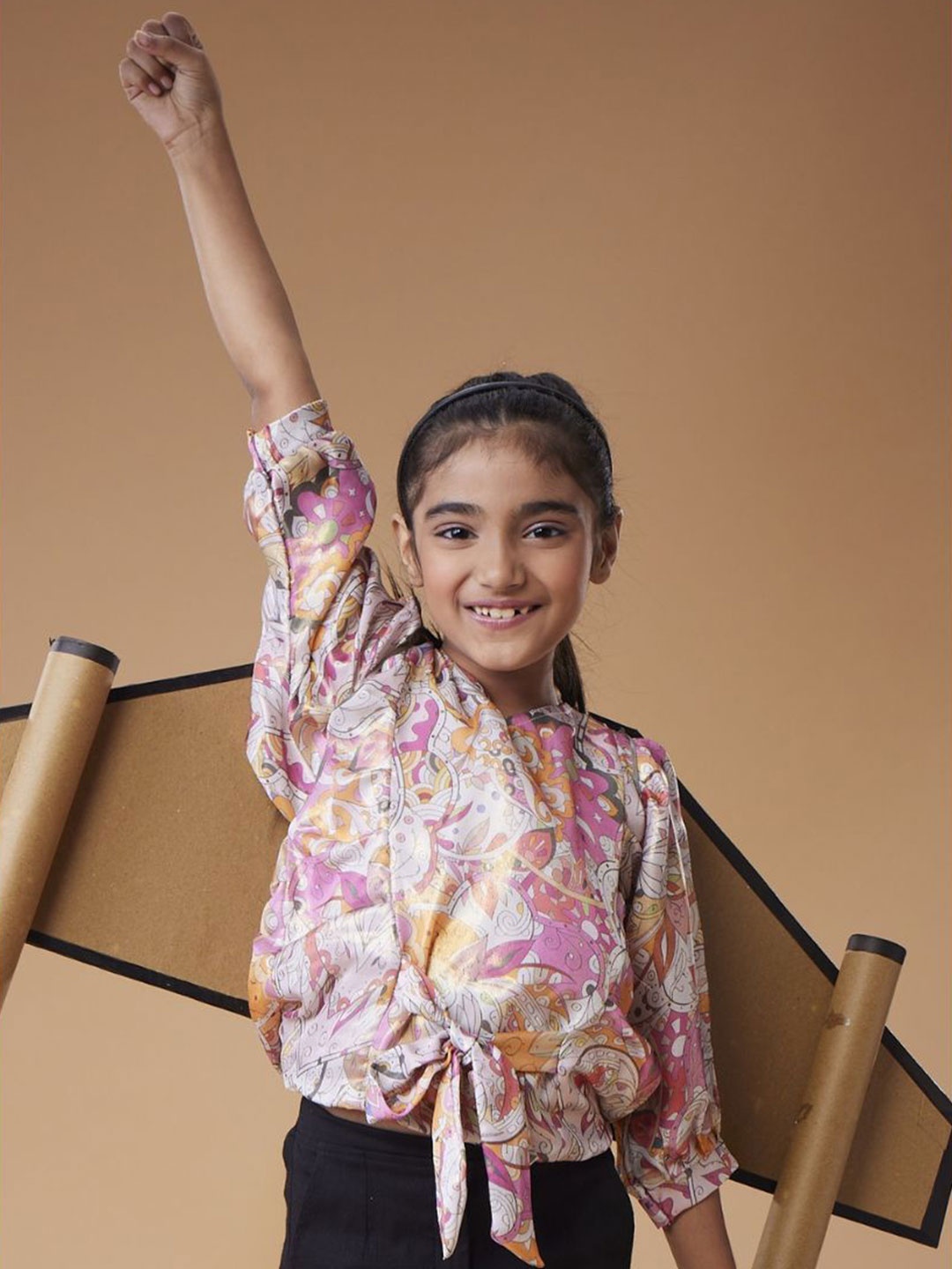 

MASTARANG Girls Floral Printed Satin Top, Orange