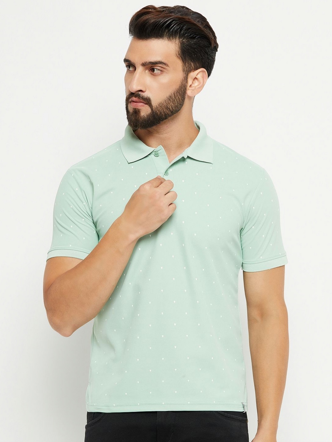 

RENUOVO Men Geometric Printed Polo Collar Cotton T-shirt, Green