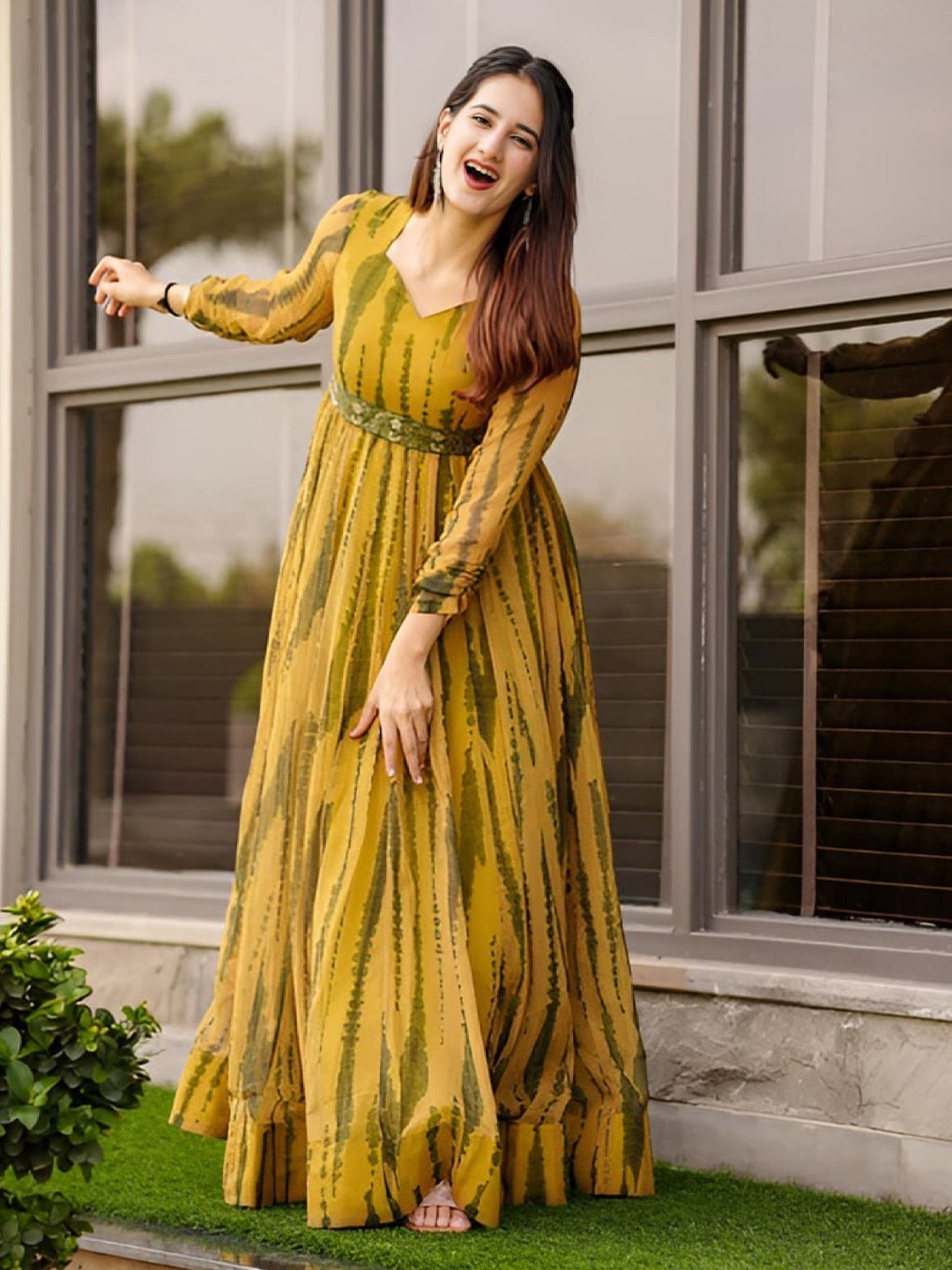 

Krunal Raiyani Floral Print Crepe Fit & Flare Maxi Dress, Yellow