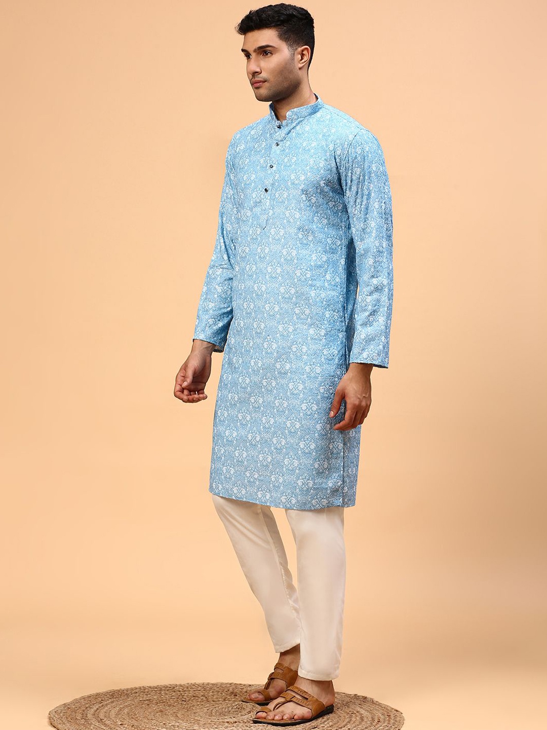 

CS EL Woven Design Mandarin Collar Cotton Jacquard Straight Kurta, Blue