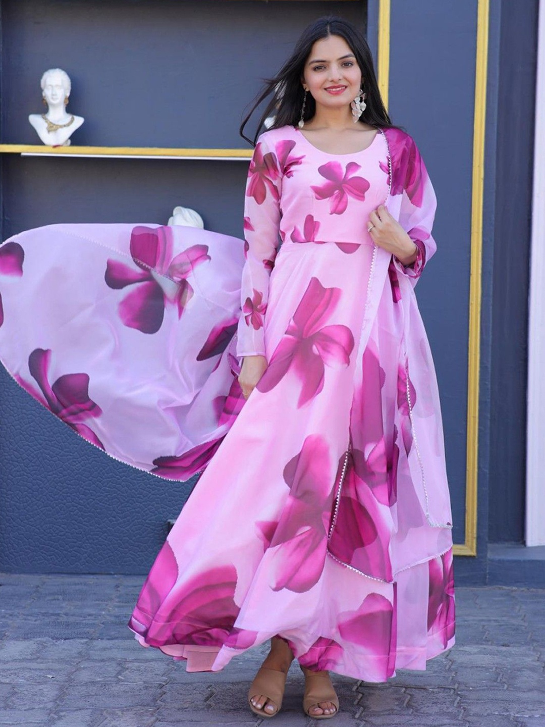 

Jash Creation Women Floral Printed Maxi Dress With Dupatta, Pink