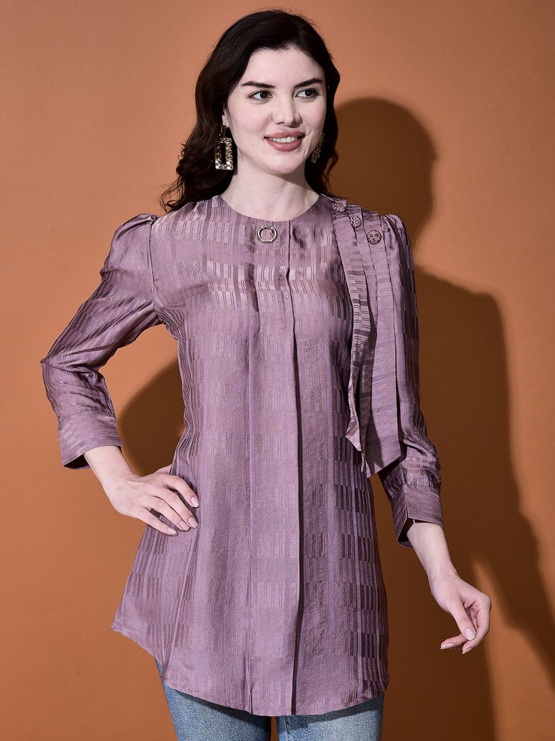 

FUTURO Women Striped Regular Fit Round Neck Puff Sleeves Satin top, Purple