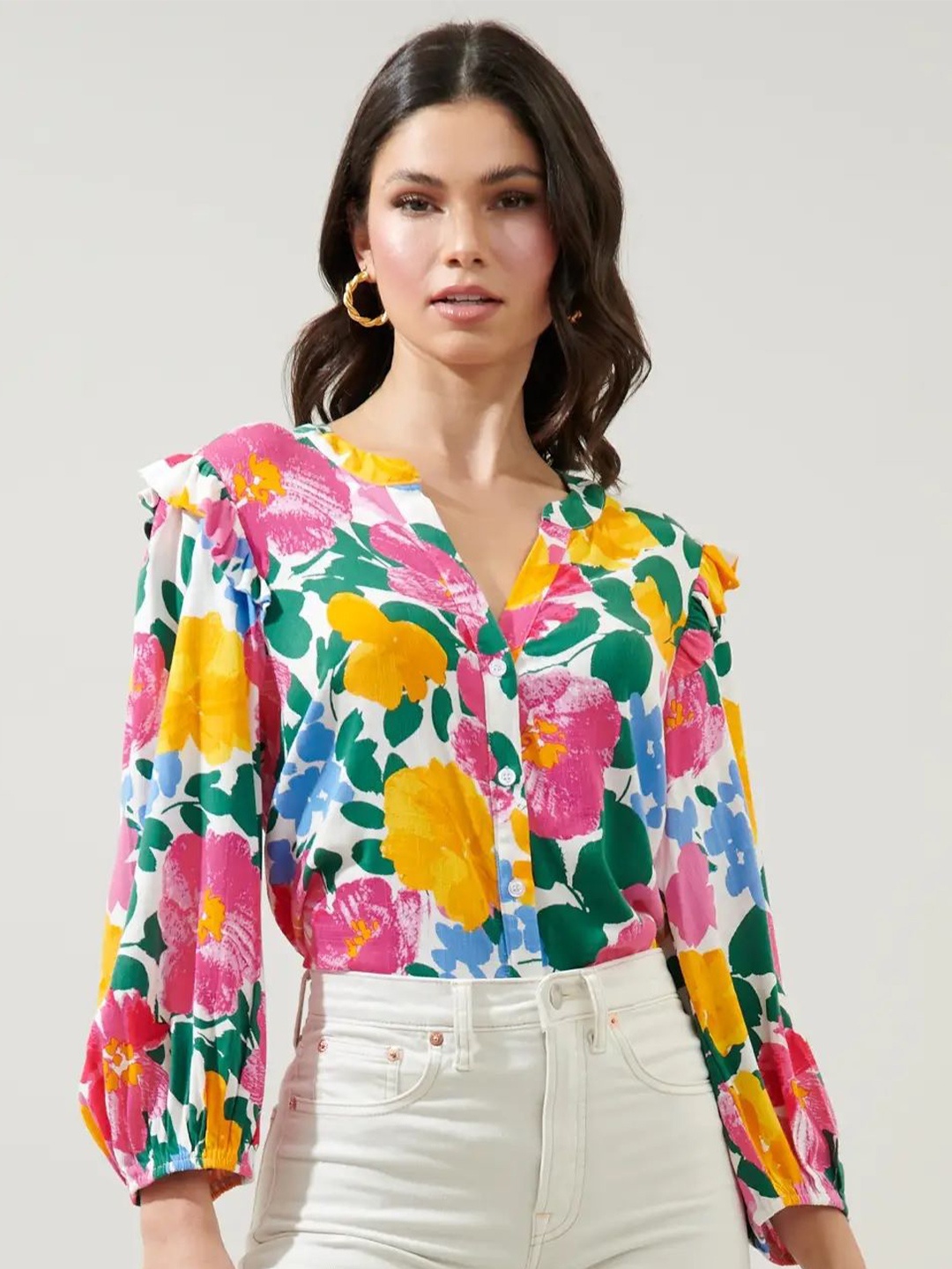 

FNOCKS Floral Print Puff Sleeve Applique Cotton Top, Yellow