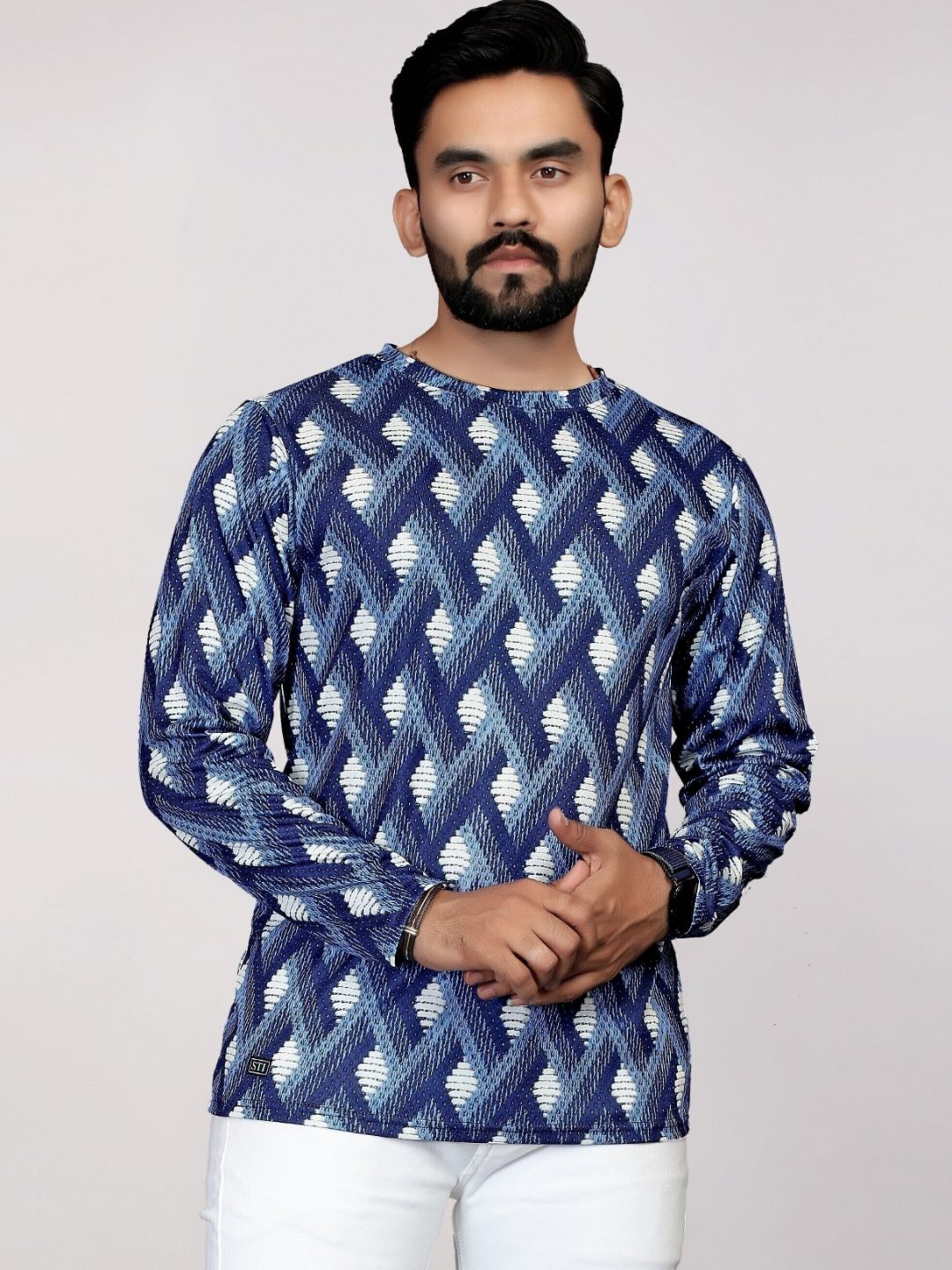 

FABRIPPLE Men Printed Drop-Shoulder Sleeves Raw Edge T-shirt, Blue