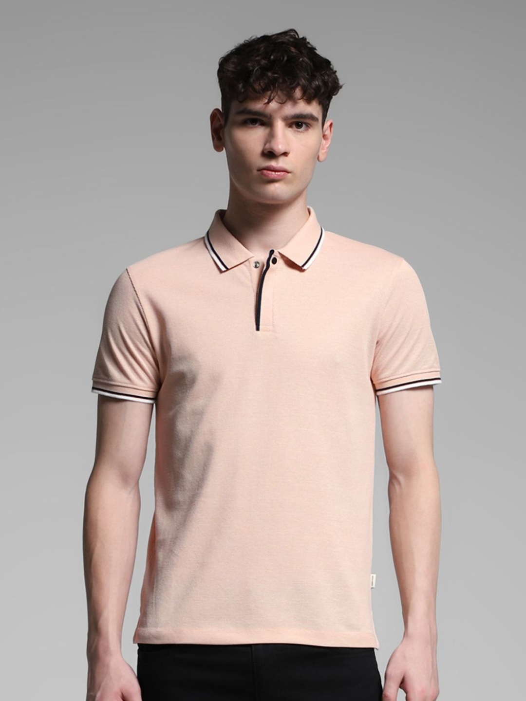 

Jack & Jones Men Solid Polo Collar Cotton Slim Fit T-shirt, Beige